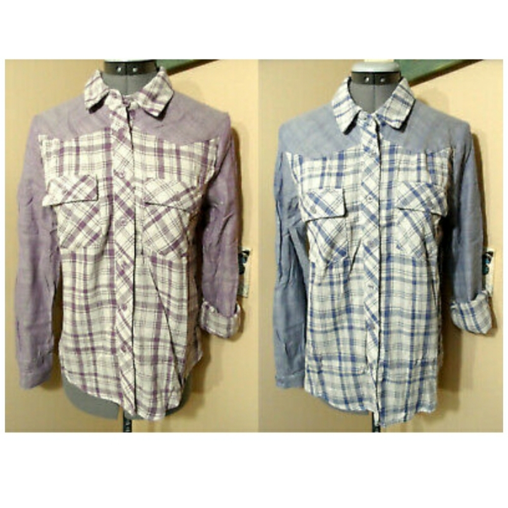 Nwt NAMELESS Plaid Gingham Button up Shirts Violet or Blue long sleeve Western
